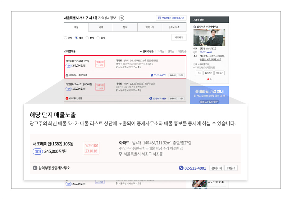 매매, 전세, 월세의 단지 페이지 홍보 예시 화면